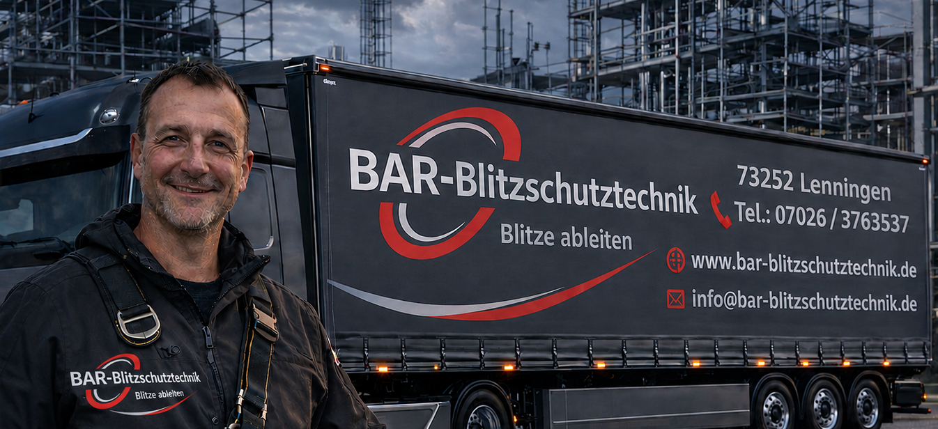 Mann neben einem Lastwagen mit der Aufschrift "BAR-Blitzschutztechnik".